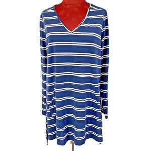 Luukse Short Dress Tunic Top Navy White Stripe Long Sleeve Front Pocket Size L